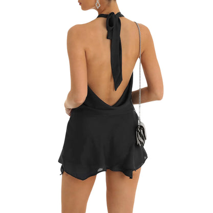 2024 Women´s Autumn Short Sling Solid Color Sleeveless Backless Hanging Neck Dress