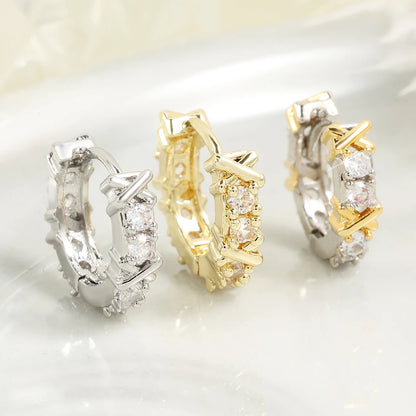 Korean Fashion Simple Zircon X Metal Hoop Earrings For Woman Exquisite Small Circle Earring Ladies Party Accessories