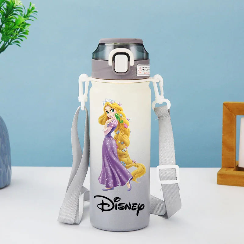 Disney Princesses - Straw Cup, Children's Portable Strap Rope stainless steel Vacuum Water Bottle