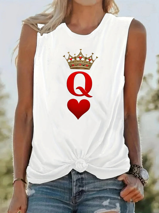 Women's Summer Casual Loose Size Q Letter Crown Pattern Printed Round Neck Sleeveless Tank Top Fashion T-shirt