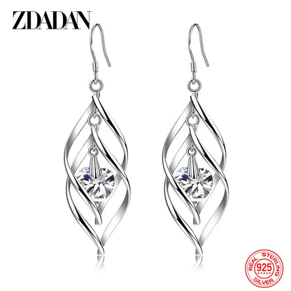 ZDADAN New Arrival 925 Sterling Silver Crystal Long Dangle Earrings For Women Charm Wedding Party Jewelry Gift