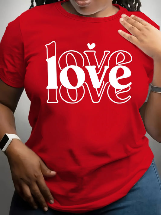Women's "LOVE" Graphic Tee - Red Stretchy Polyester & Elastane Blend Short Sleeve Round Neck Comfort Fit T-Shirt