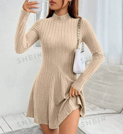 Women's slim fit half high collar waist cinched dress