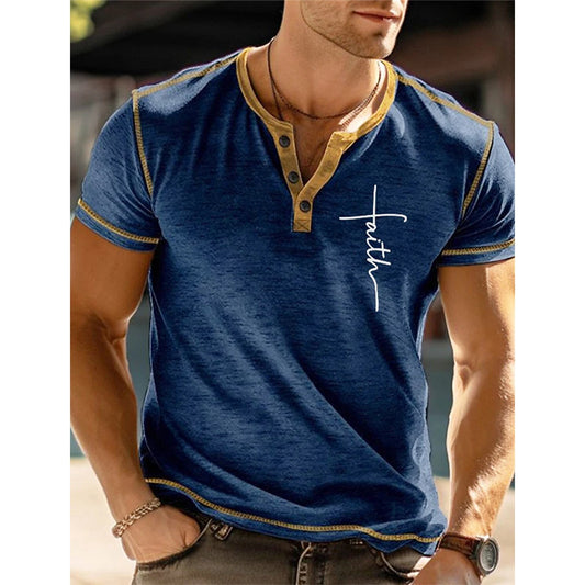 Faith 3D Print Henley Men's Fashion Streetwear
