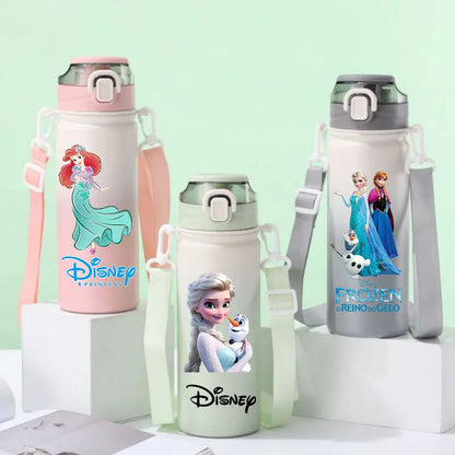 Disney Princesses - Straw Cup, Children's Portable Strap Rope stainless steel Vacuum Water Bottle