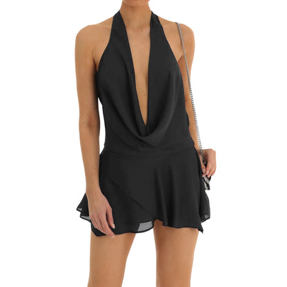 2024 Women´s Autumn Short Sling Solid Color Sleeveless Backless Hanging Neck Dress