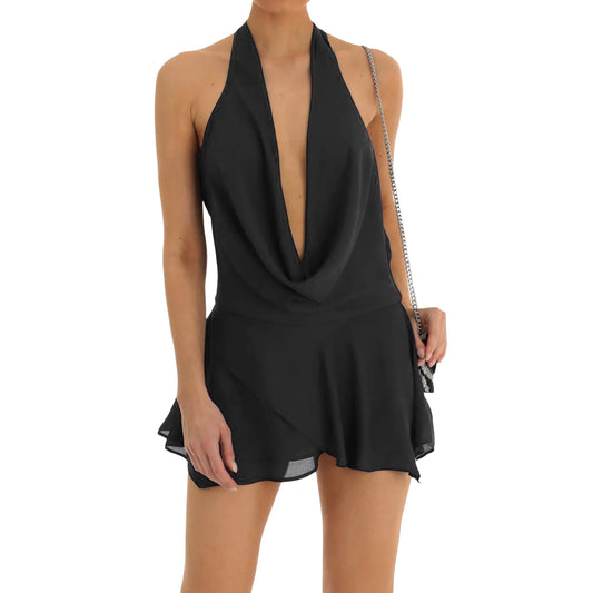 2024 Women´s Autumn Short Sling Solid Color Sleeveless Backless Hanging Neck Dress