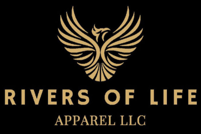 Logo of Rivers of Life Apparel LLC with a gold phoenix design on a black background