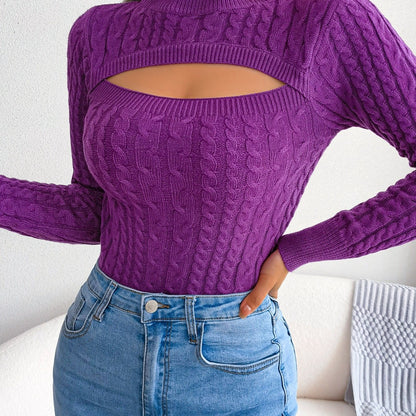 Women's Sexy Hollow-Out Knit Pullover Long Sleeve Crew Neck Sweater