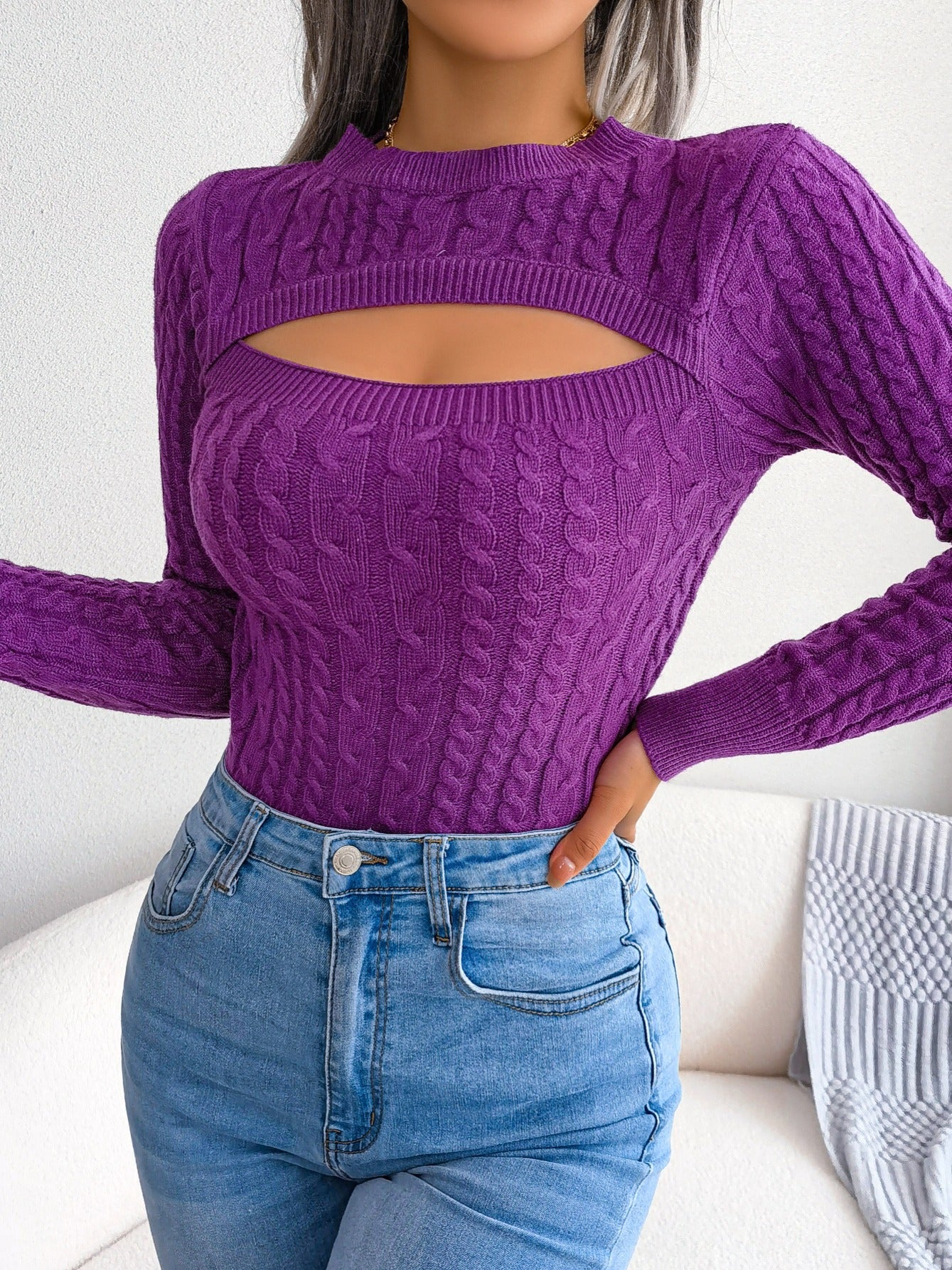 Women's Sexy Hollow-Out Knit Pullover Long Sleeve Crew Neck Sweater