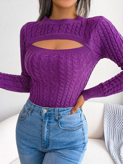 Women's Sexy Hollow-Out Knit Pullover Long Sleeve Crew Neck Sweater